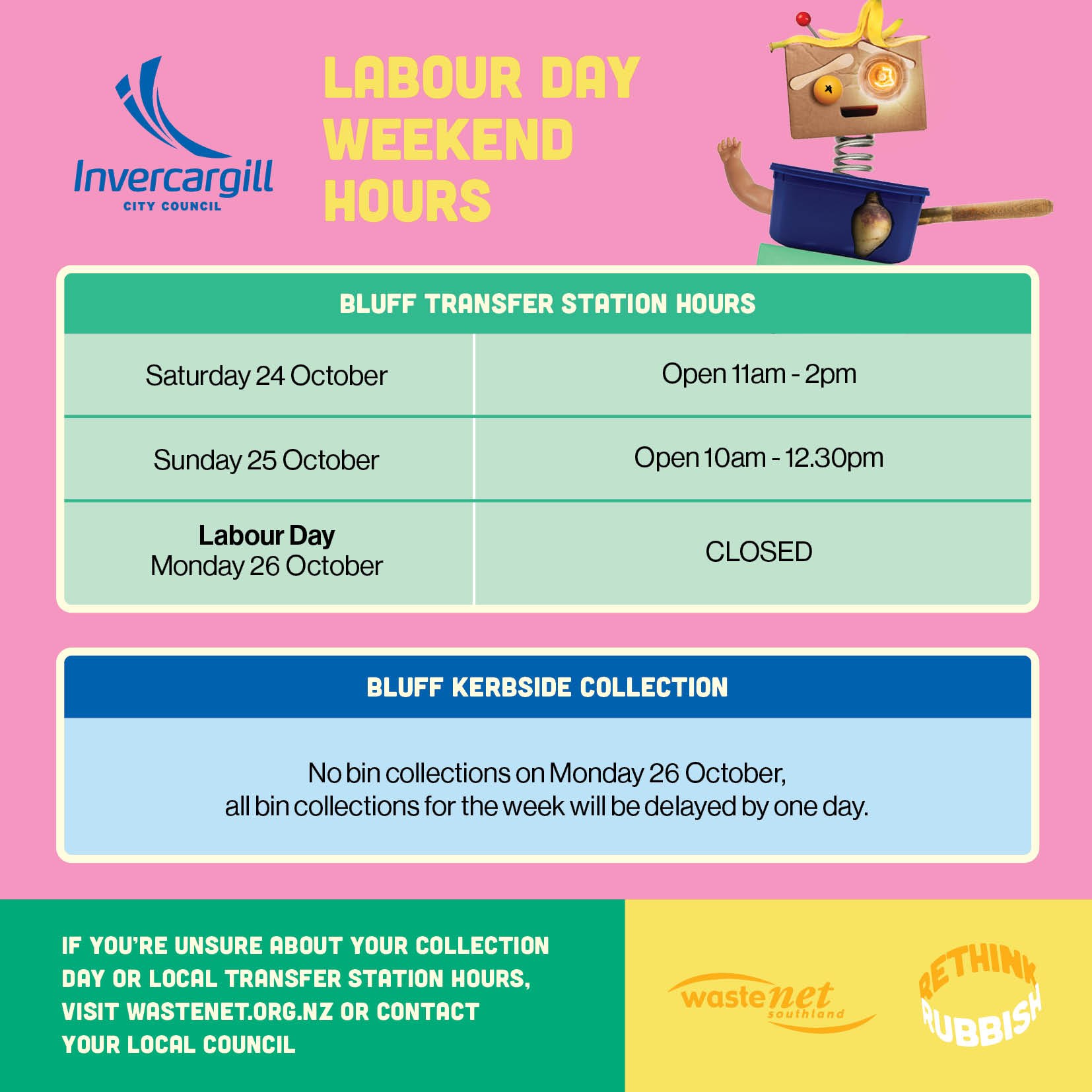 2026 WasteNet Labour Weekend - Bluff Collection and Transfer Station hours 