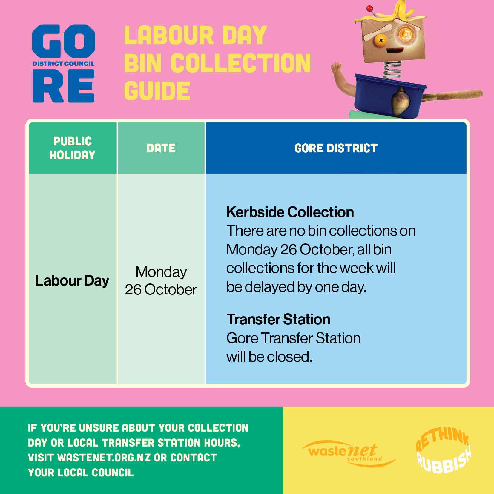 WasteNet Labour Weekend collection hours Gore District
