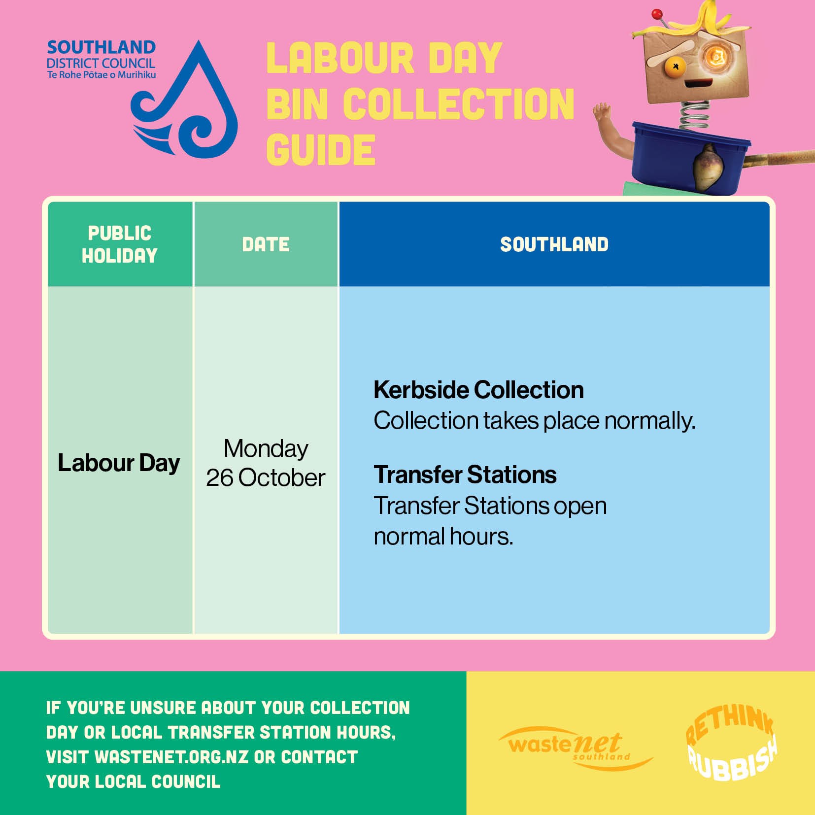 WasteNet Labour Weekend collection hours Southland District