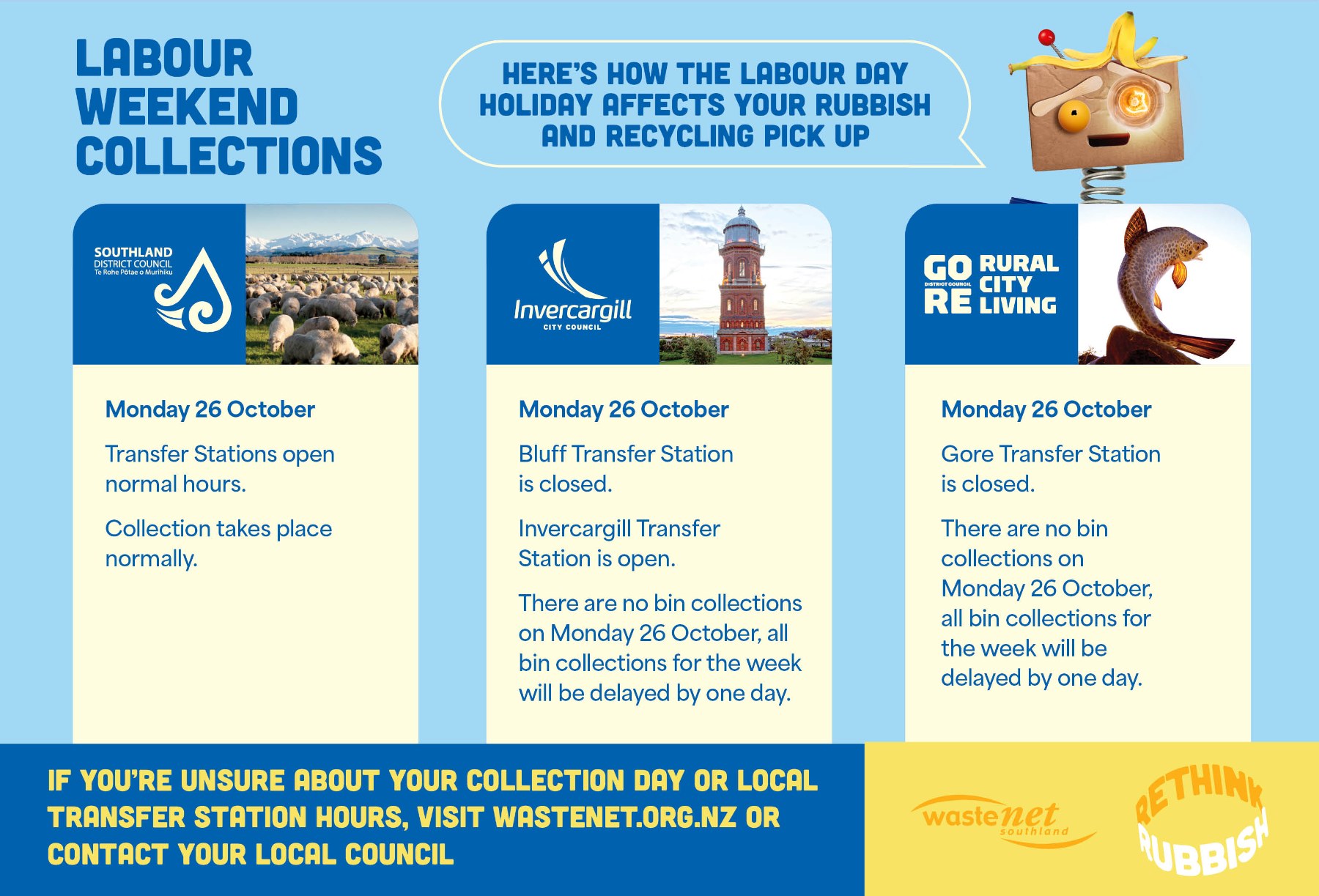 2026 WasteNet Labour Weekend collection hours 